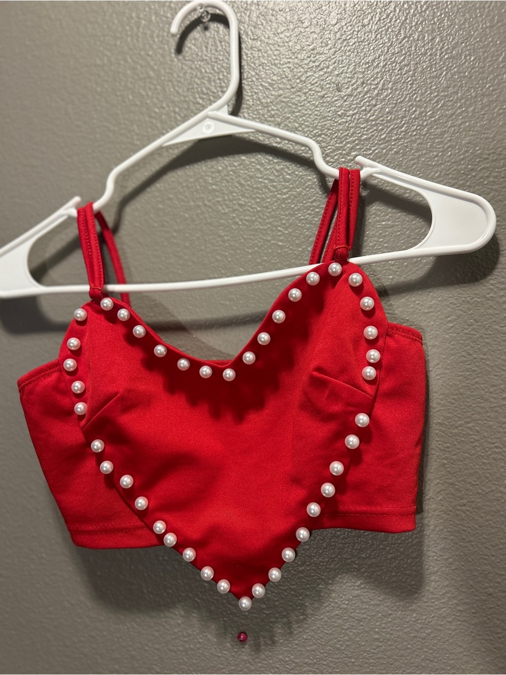 Shein Womens Red Heart Faux Pearl Crop Top XS Halloween Costume Queen Of Hearts